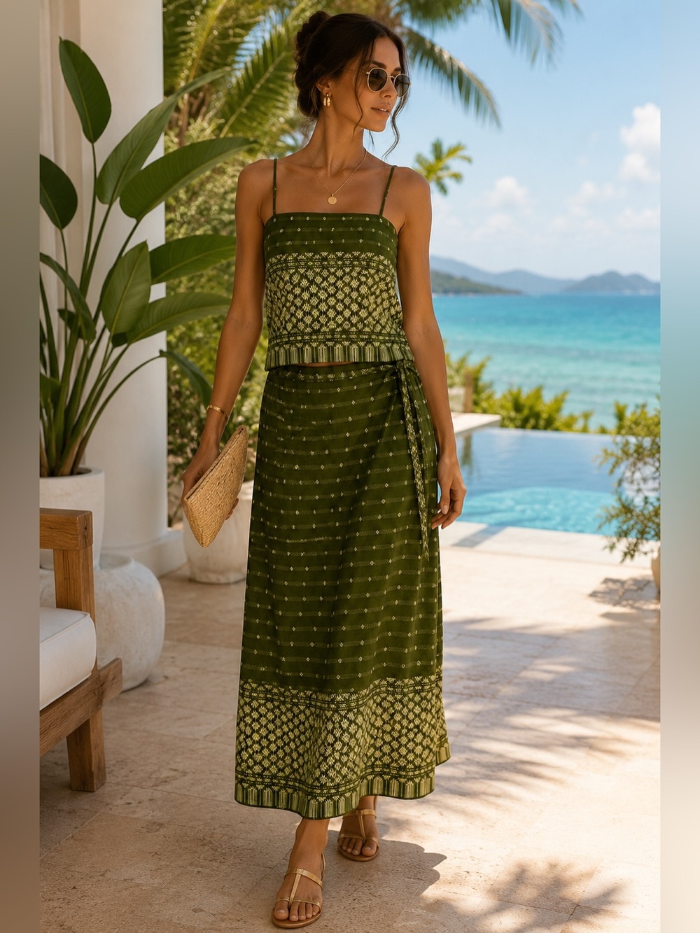 Olive Green Woven Cami Maxi Skirt Set Resort Vacation Size Large